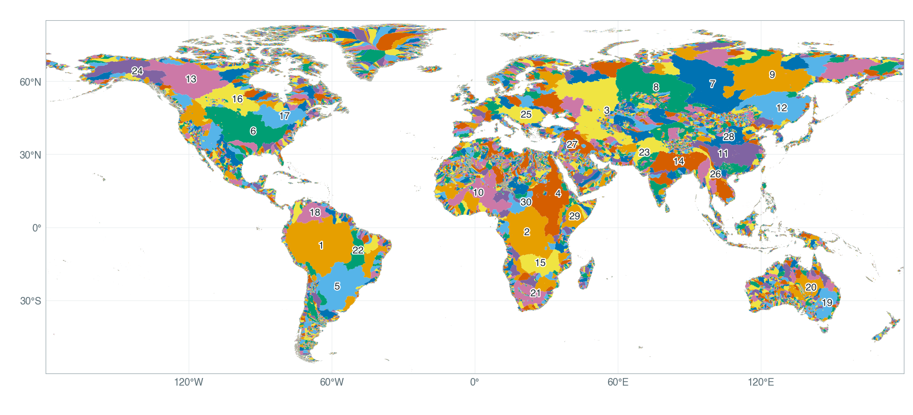 Global map of the simplified polygons of the basins of at least 1 km², the 30 largest labelled with their basin id.