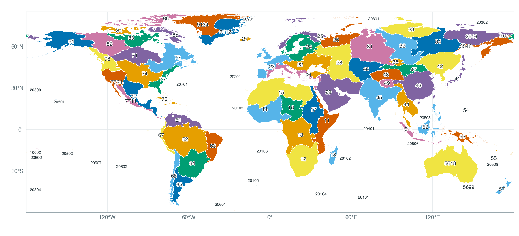 Global map of the 90 regions of FullBasin version 1.1, each labelled with its region id.
